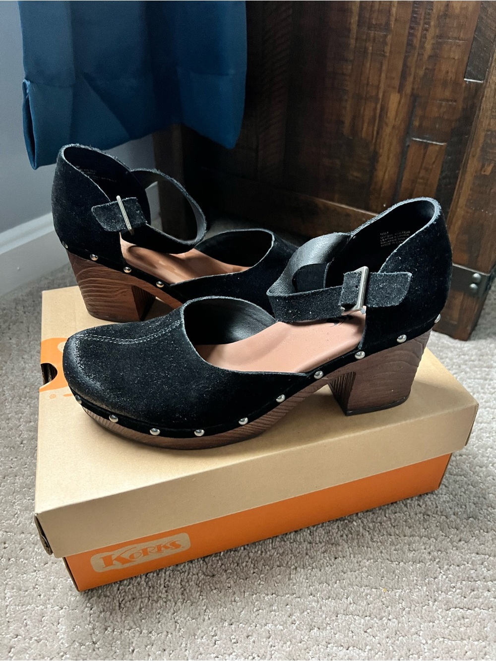 Kork-Ease Black Suede Mary Jane Clogs with Wood Heel